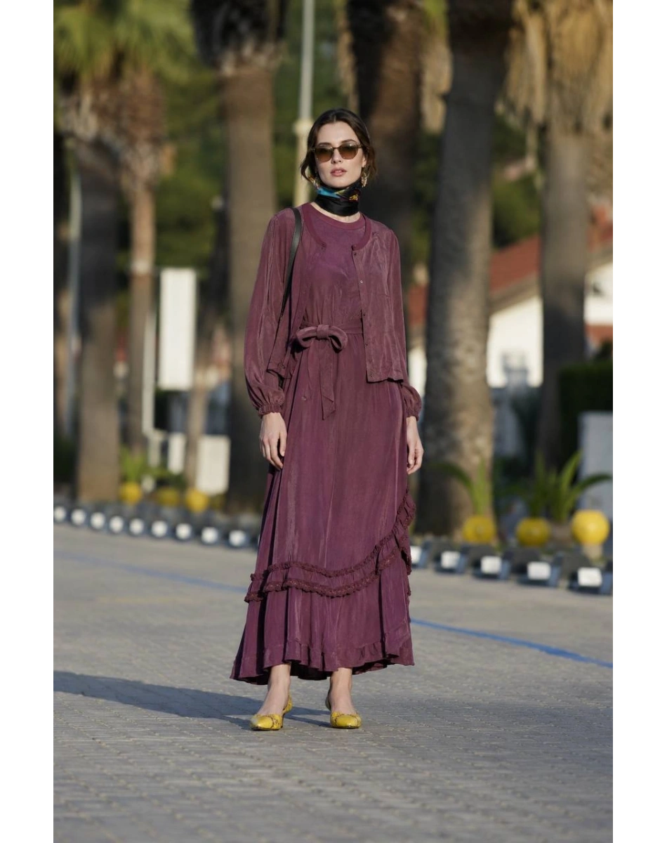 Misswhence 39815 Bordo Yelekli Etek Ucu Detaylı Elbise