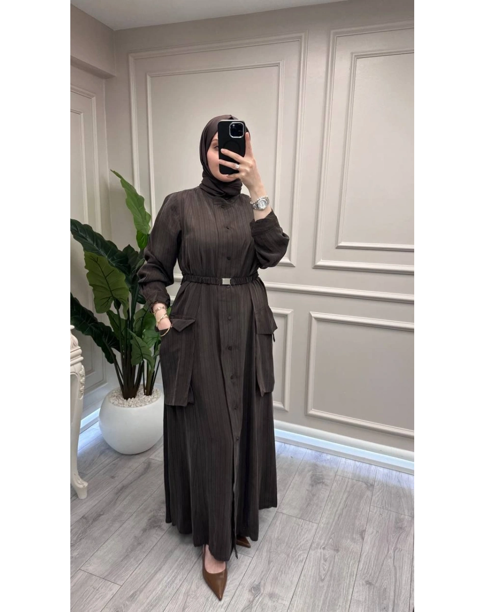 Misswhence 39828 Kahve Kemerli Cep Detaylı Elbise