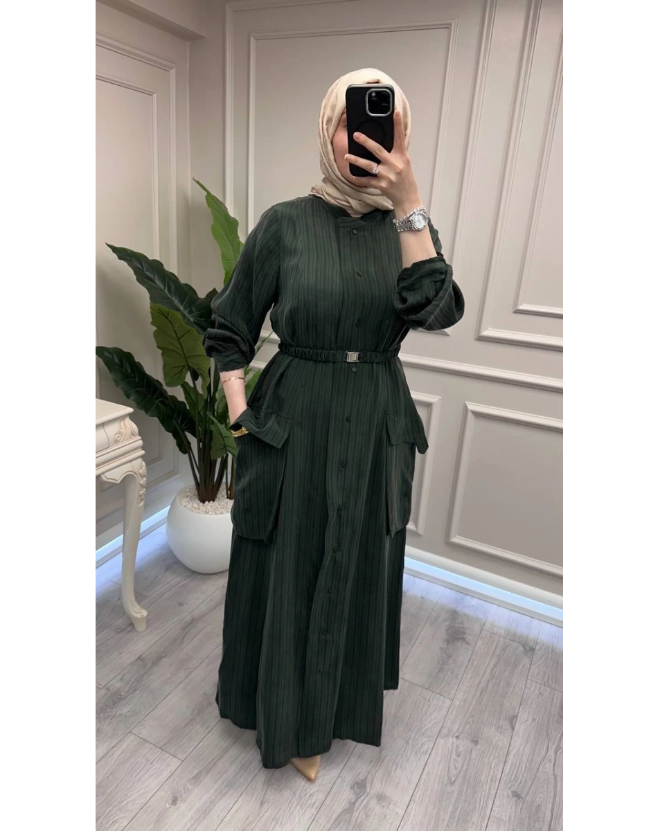 Misswhence 39828 Yeşil Kemerli Cep Detaylı Elbise