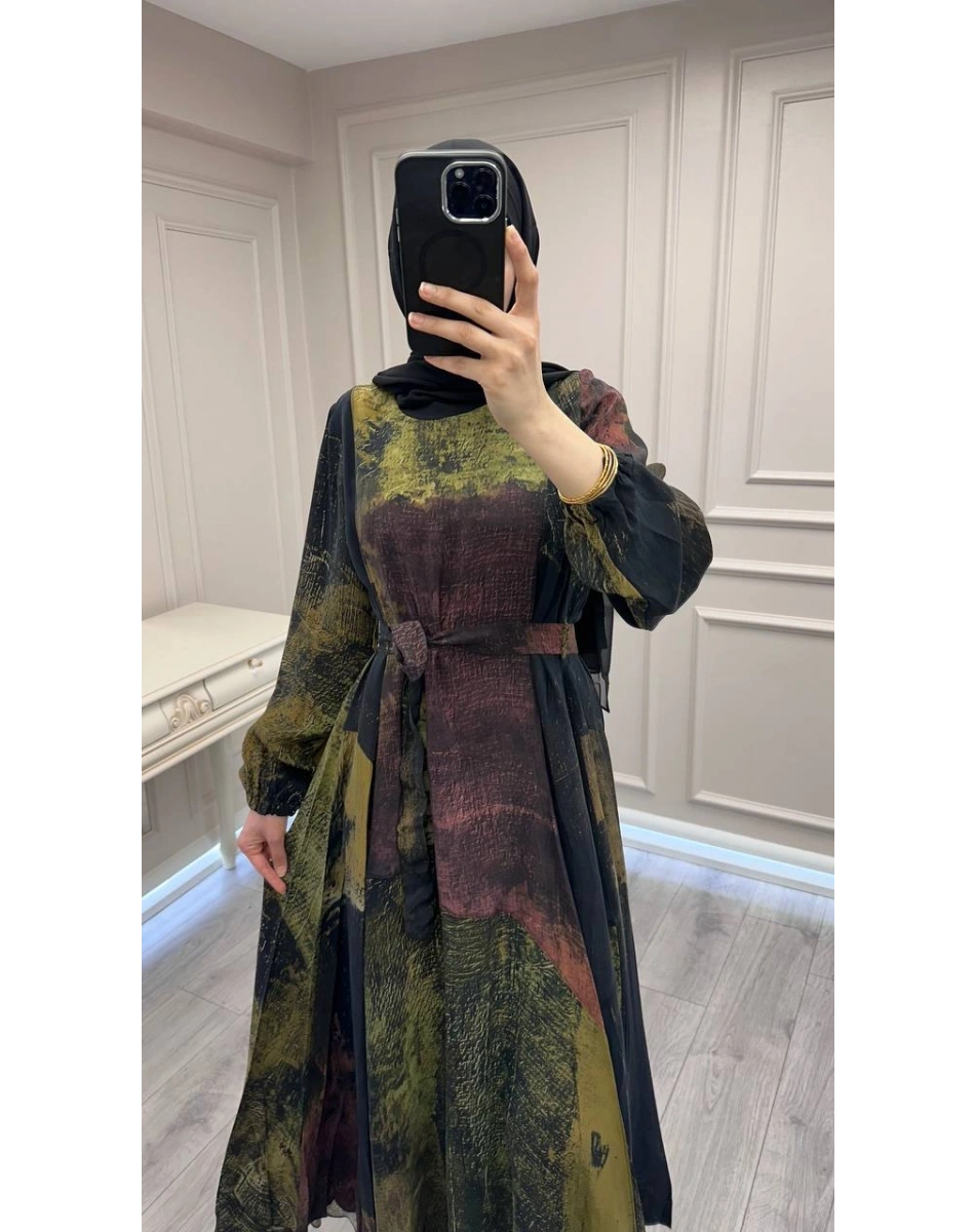 Misswhence 39842 Desenli Siyah Cupro Elbise