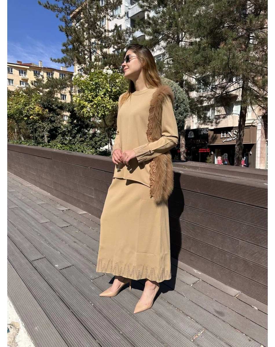 Misswhence MİSS 268 Camel Kürk Detaylı Triko Takım