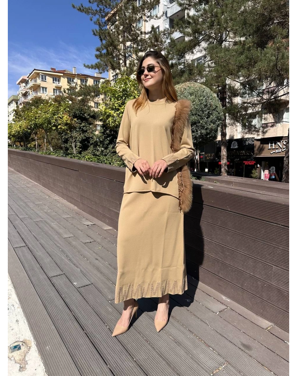 Misswhence MİSS 268 Camel Kürk Detaylı Triko Takım