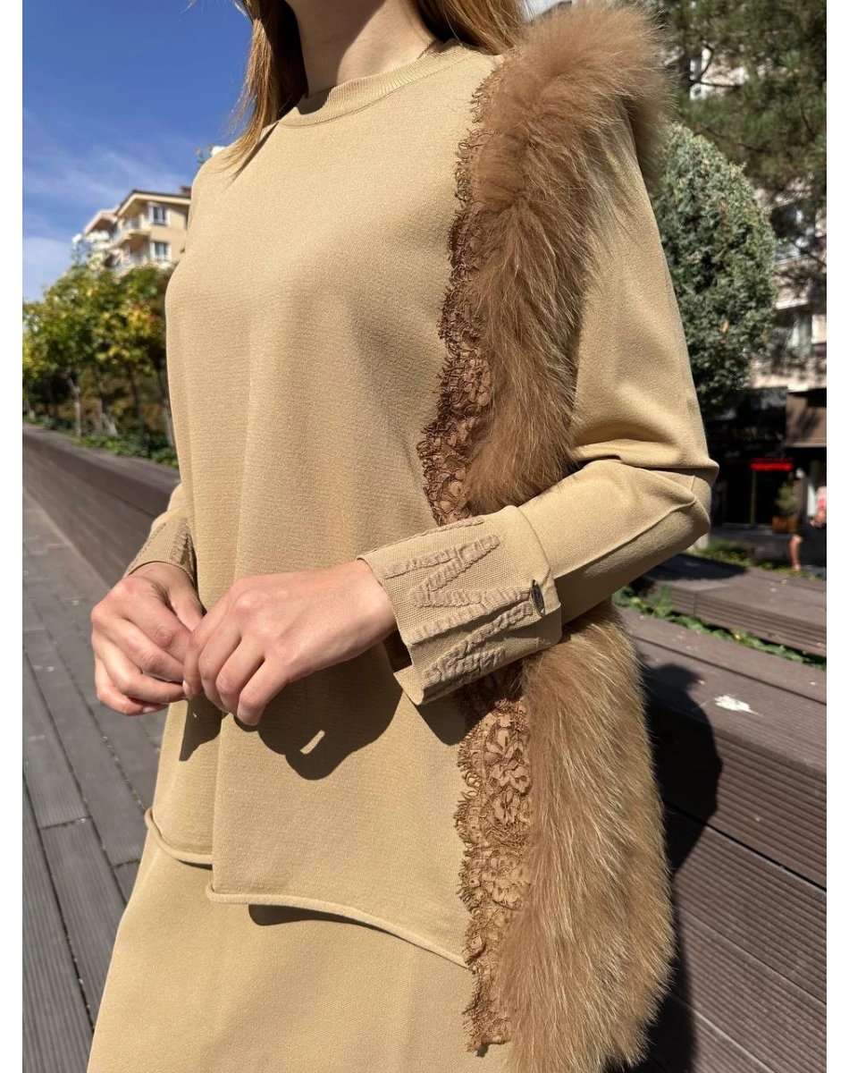 Misswhence MİSS 268 Camel Kürk Detaylı Triko Takım