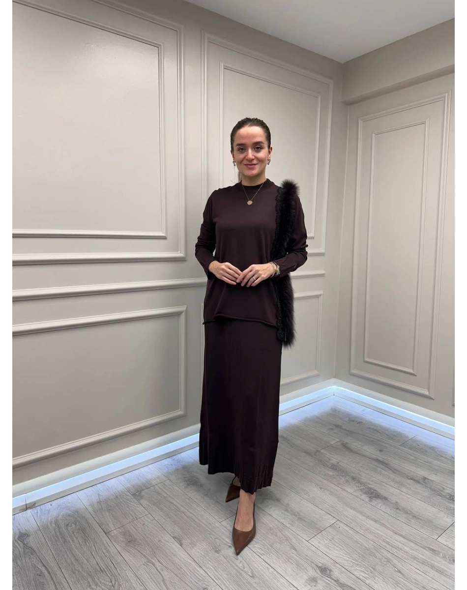 Misswhence MİSS 268 Kahverengi Kürk Detaylı Triko Takım