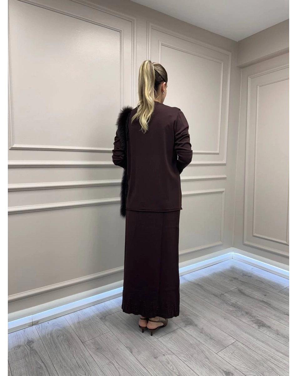 Misswhence MİSS 268 Kahverengi Kürk Detaylı Triko Takım