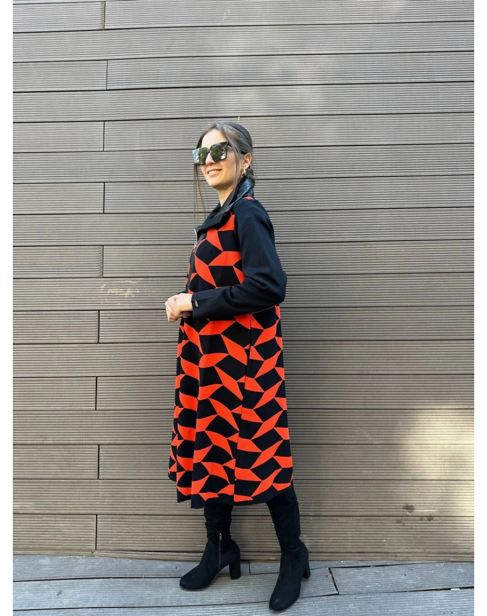 Misswhence MİSS217 Nar Çiçeği Deri Detaylı Triko Kap