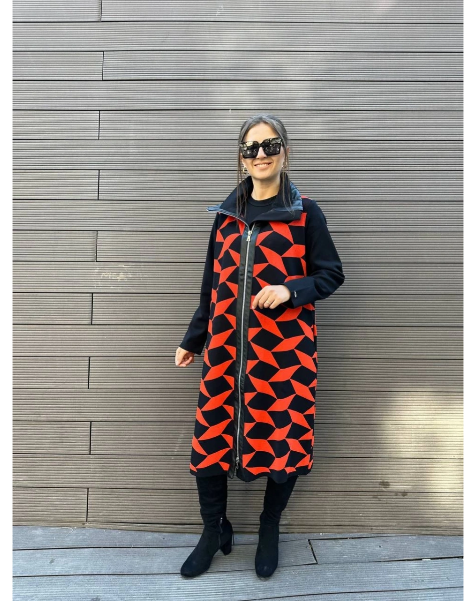 Misswhence MİSS217 Nar Çiçeği Deri Detaylı Triko Kap