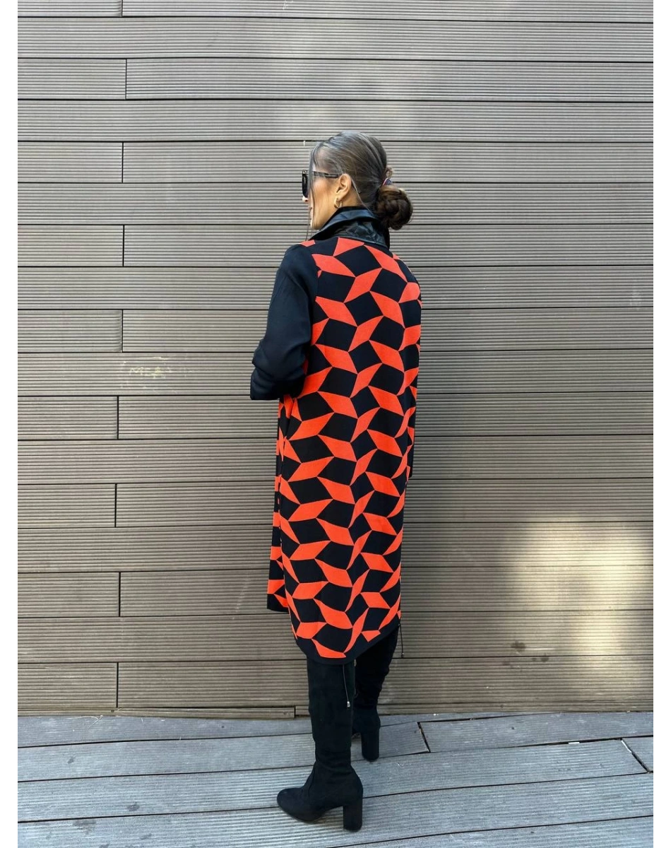 Misswhence MİSS217 Nar Çiçeği Deri Detaylı Triko Kap