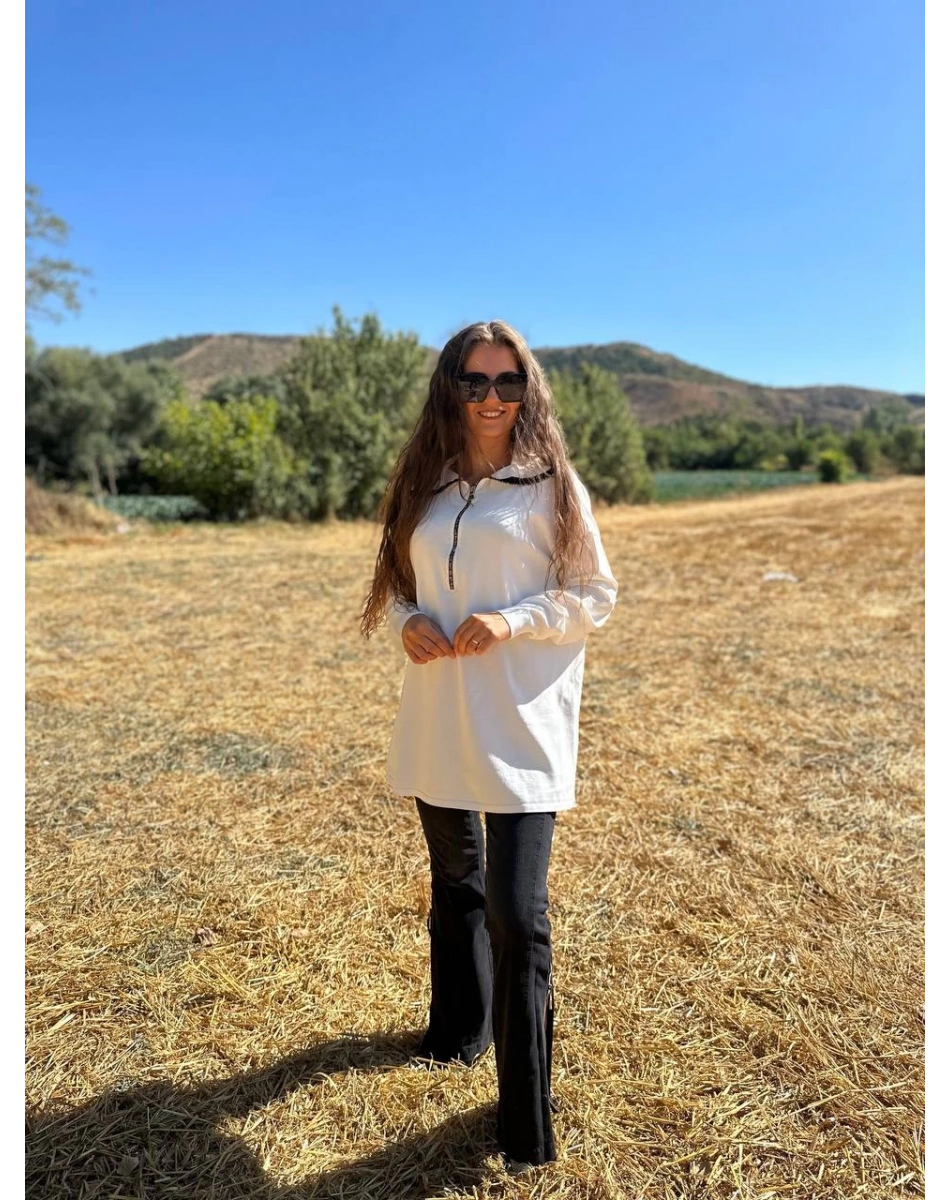 Misswhence MİSS224 Beyaz Yakası Fermuarlı Triko Tunik