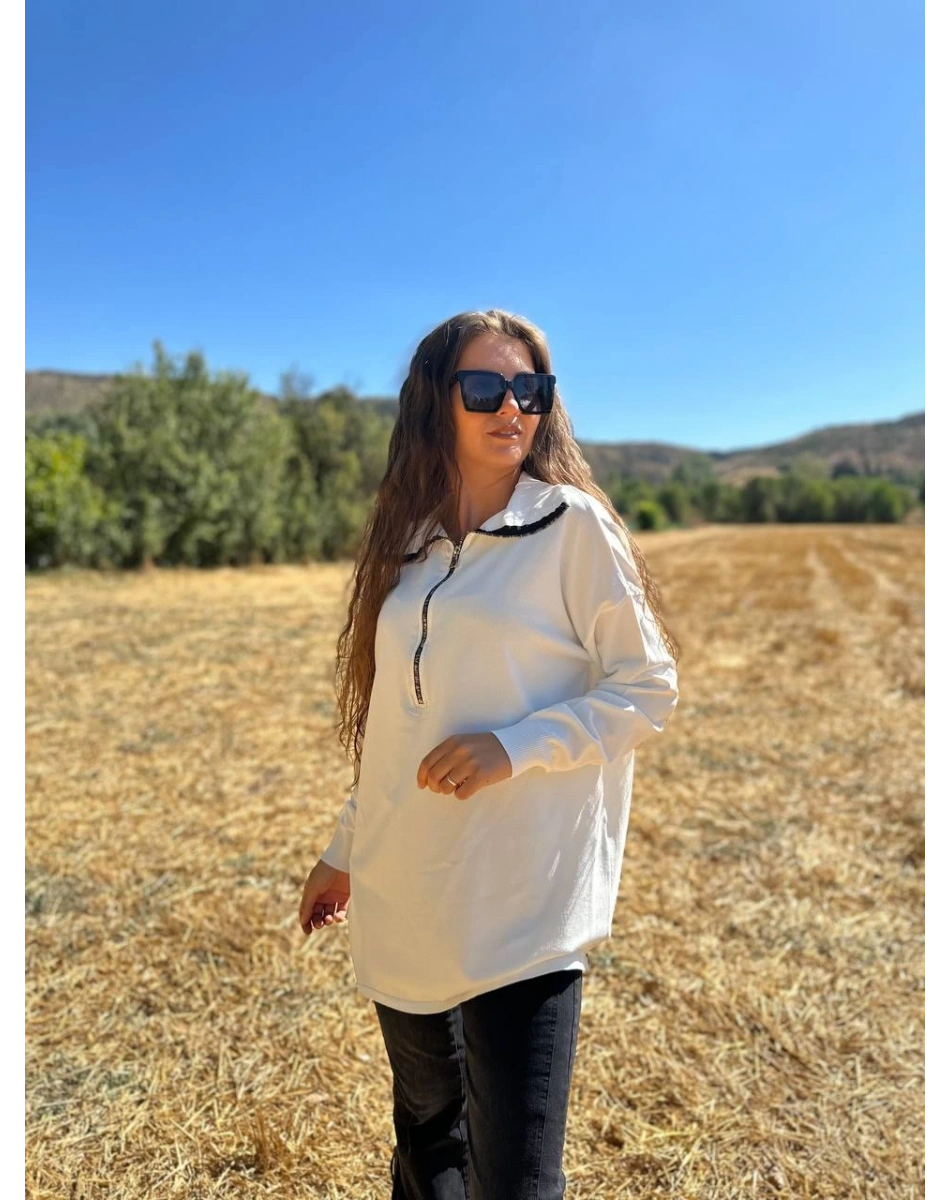 Misswhence MİSS224 Beyaz Yakası Fermuarlı Triko Tunik