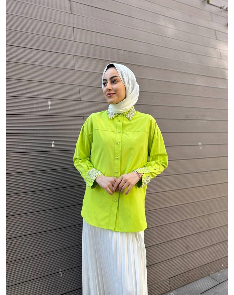 MY312 24S8199 Asit Manşet Ve Yaka Taşlı Gömlek