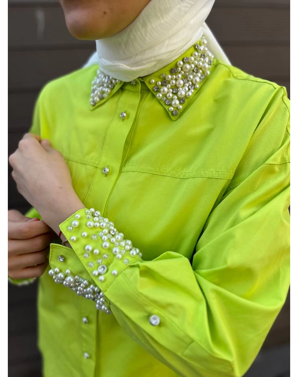 MY312 24S8199 Asit Manşet Ve Yaka Taşlı Gömlek