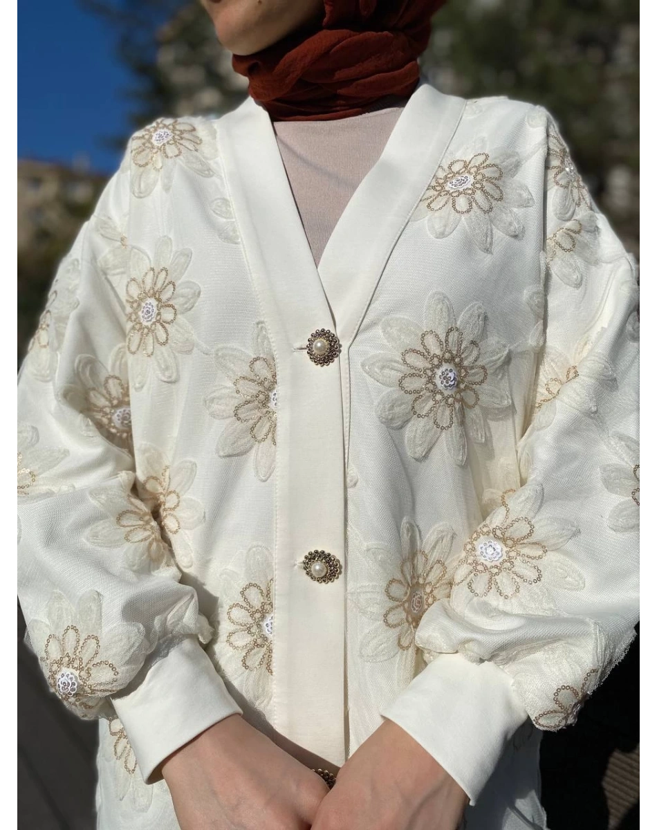 MY312 24S8209 Ekru Dantelli Düğmeli Hırka