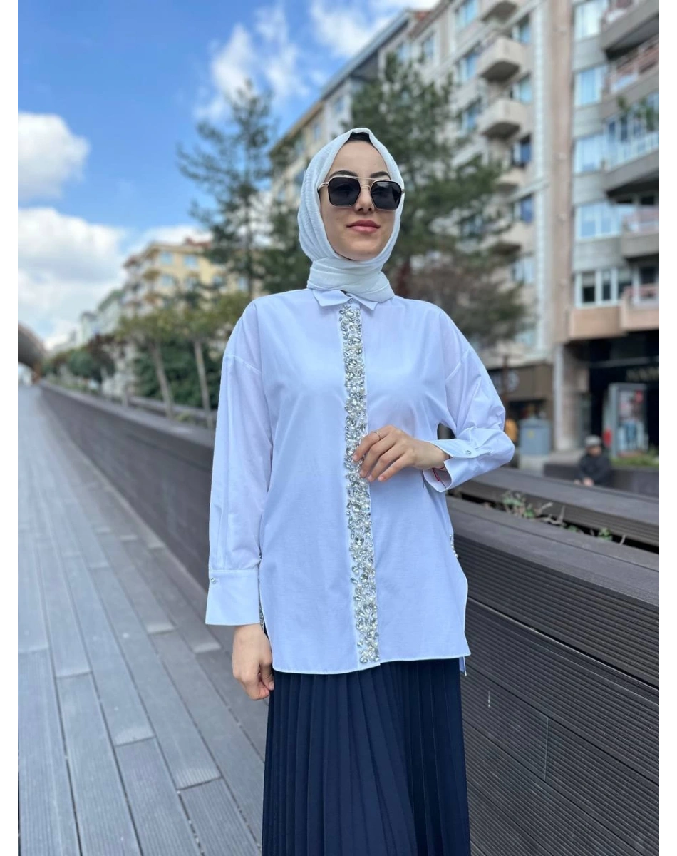 MY312 24S8216 Beyaz İşlemeli Tunik