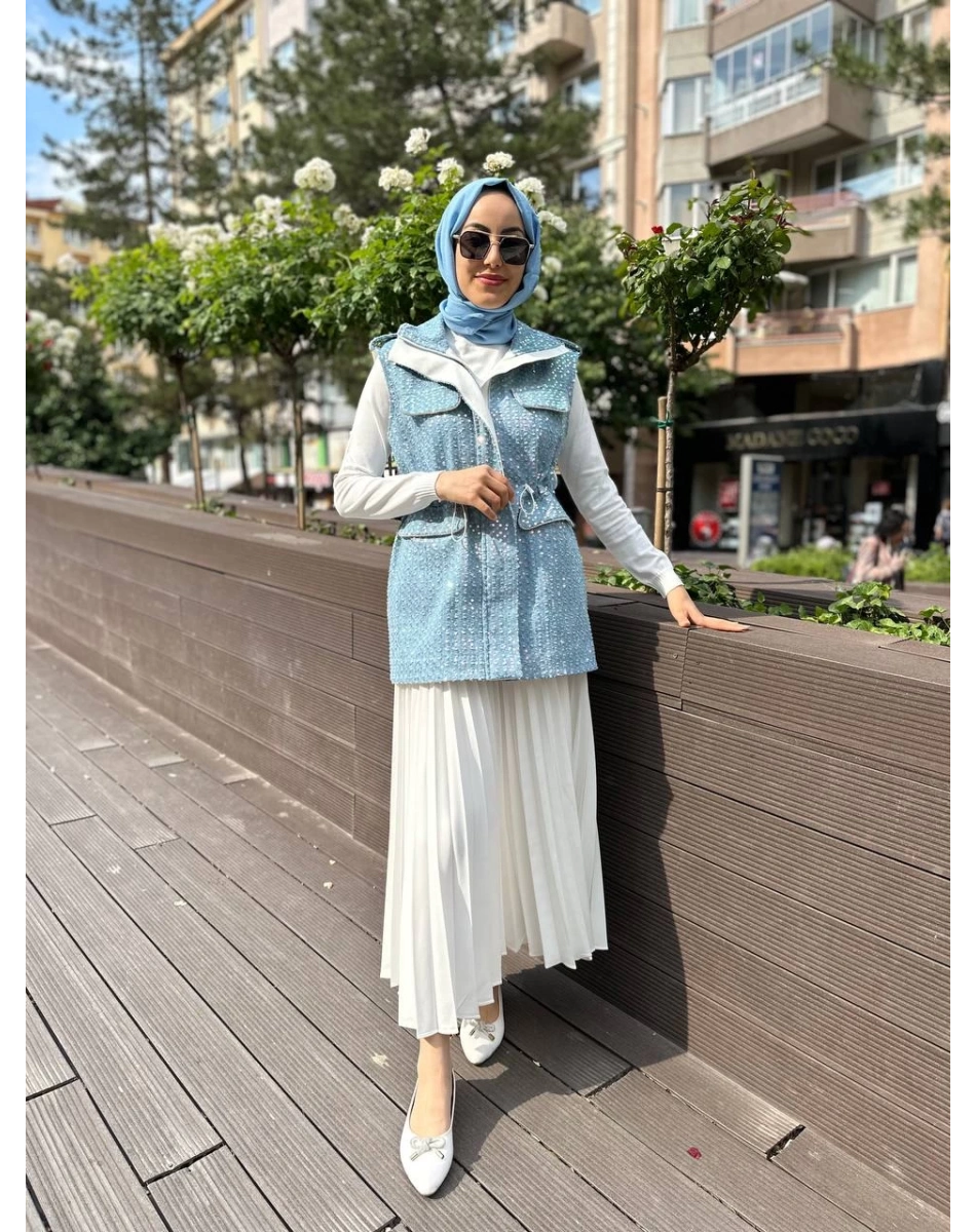 MY312 24S9101 Mavi Cepli Denim Yelek