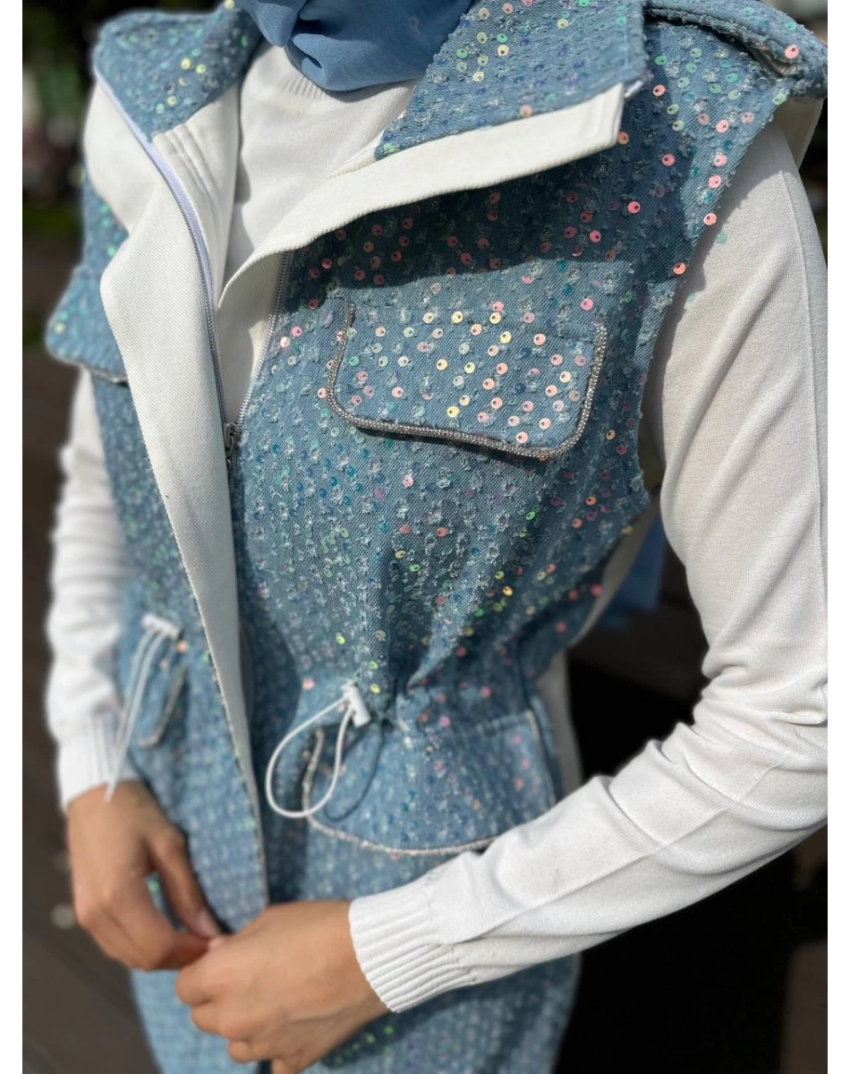 MY312 24S9101 Mavi Cepli Denim Yelek