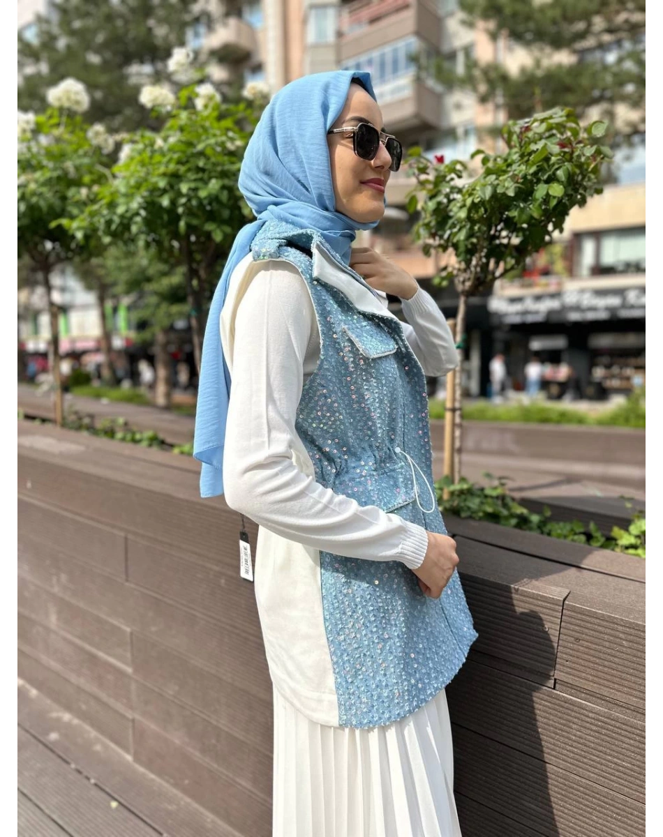 MY312 24S9101 Mavi Cepli Denim Yelek