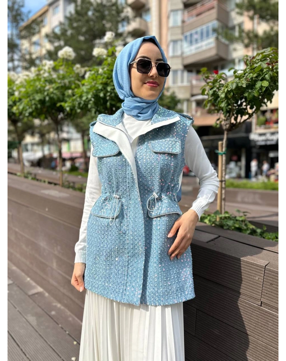 MY312 24S9101 Mavi Cepli Denim Yelek