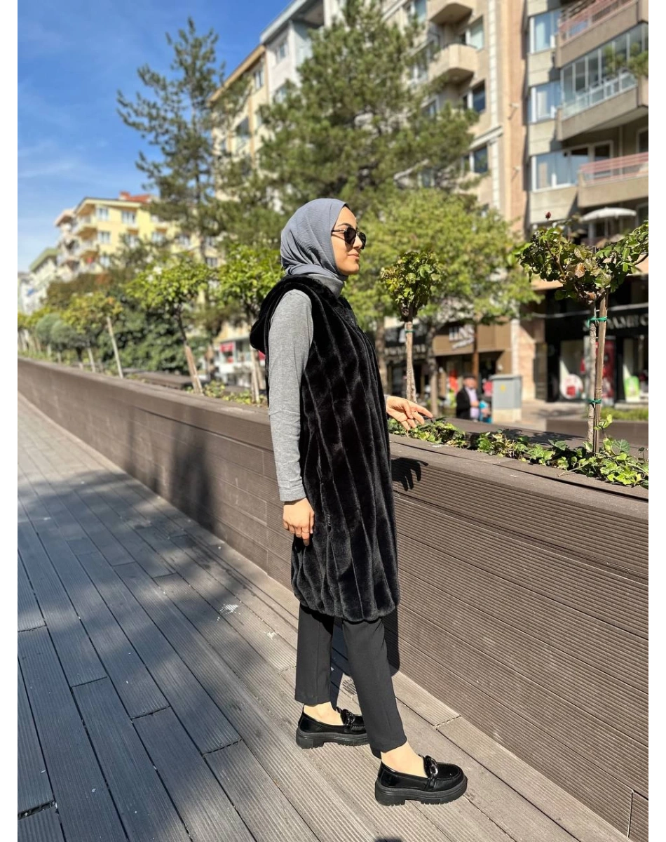 Ncl 23505 Siyah Peluş Boyuna Çizgili Yelek