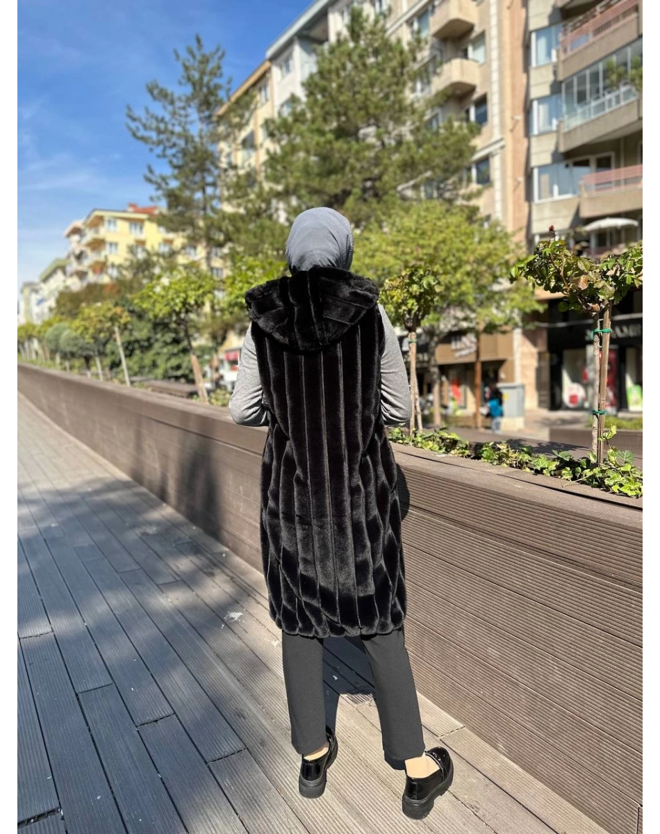 Ncl 23505 Siyah Peluş Boyuna Çizgili Yelek