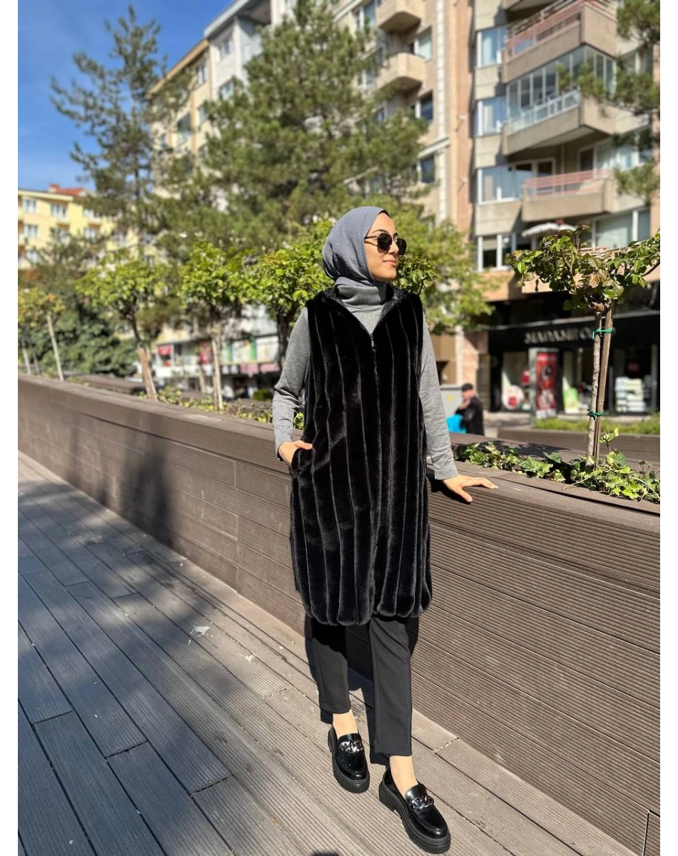 Ncl 23505 Siyah Peluş Boyuna Çizgili Yelek