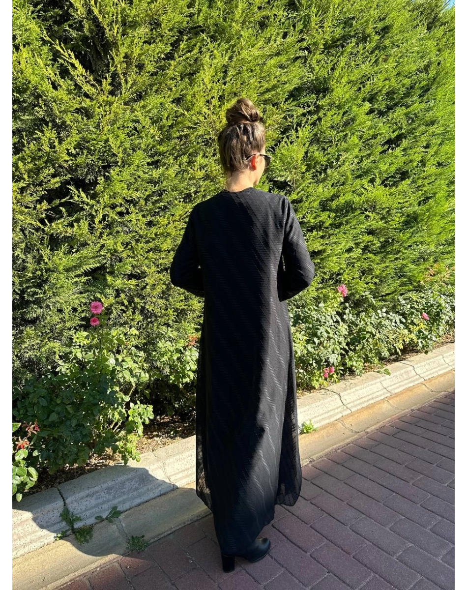 Ncl 23547 Siyah Çizgi Detaylı Fermuarlı Ferace