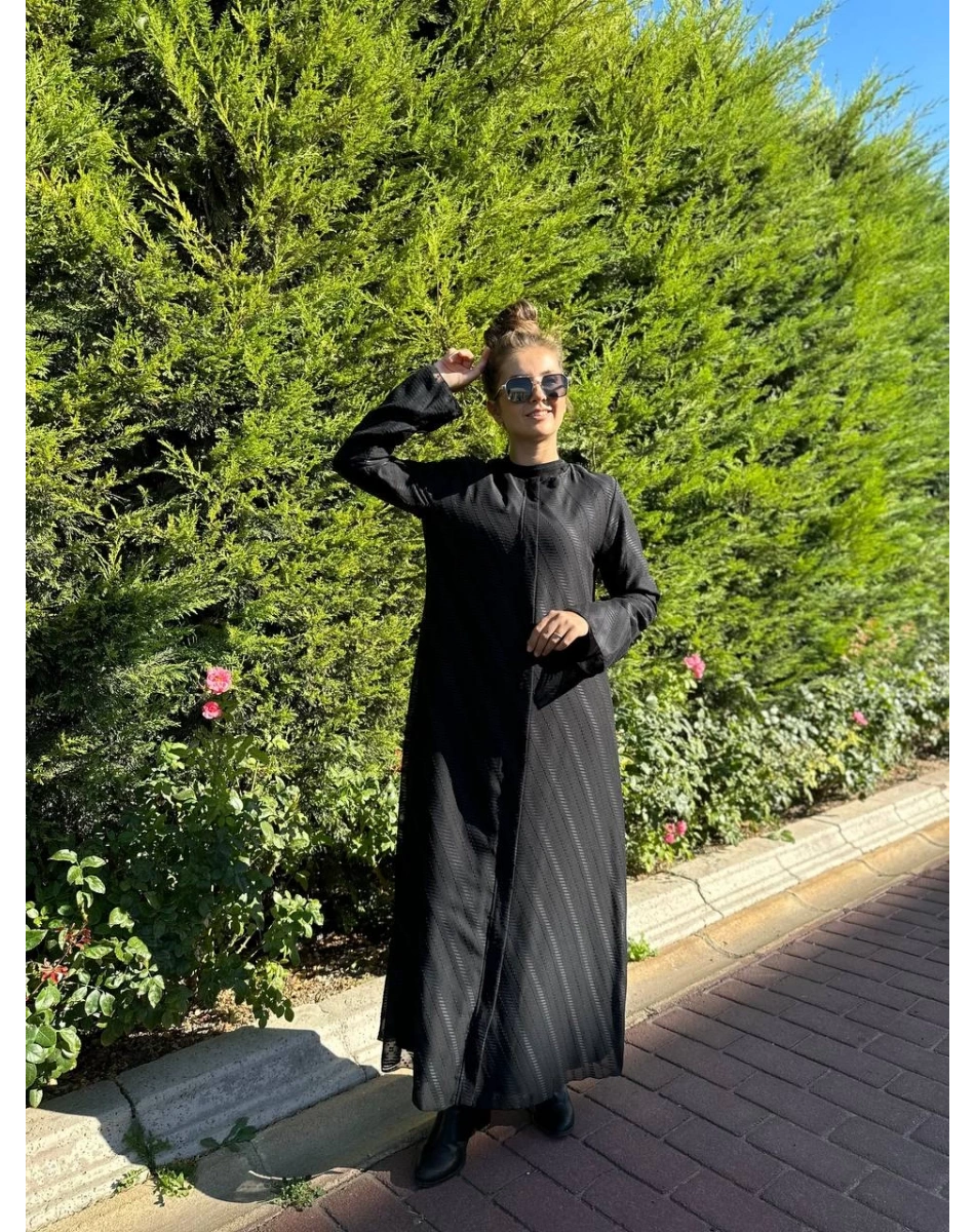 Ncl 23547 Siyah Çizgi Detaylı Fermuarlı Ferace