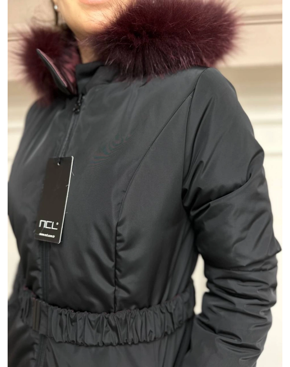 Ncl 23560 Siyah-Vişne Çift Taraflı Kemerli Parka