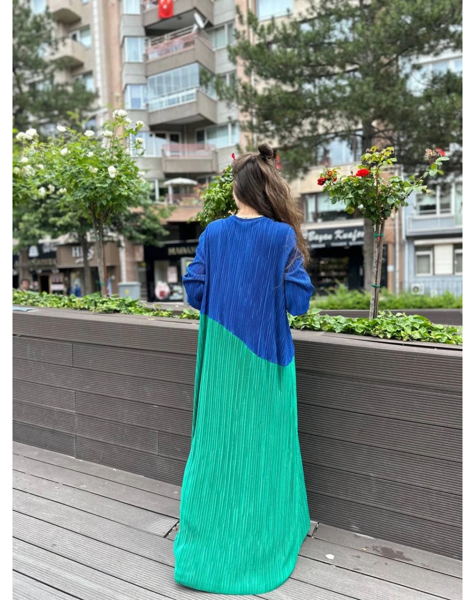 Noi 53260 Sax Kendinden Kraşlı İki Renk Elbise