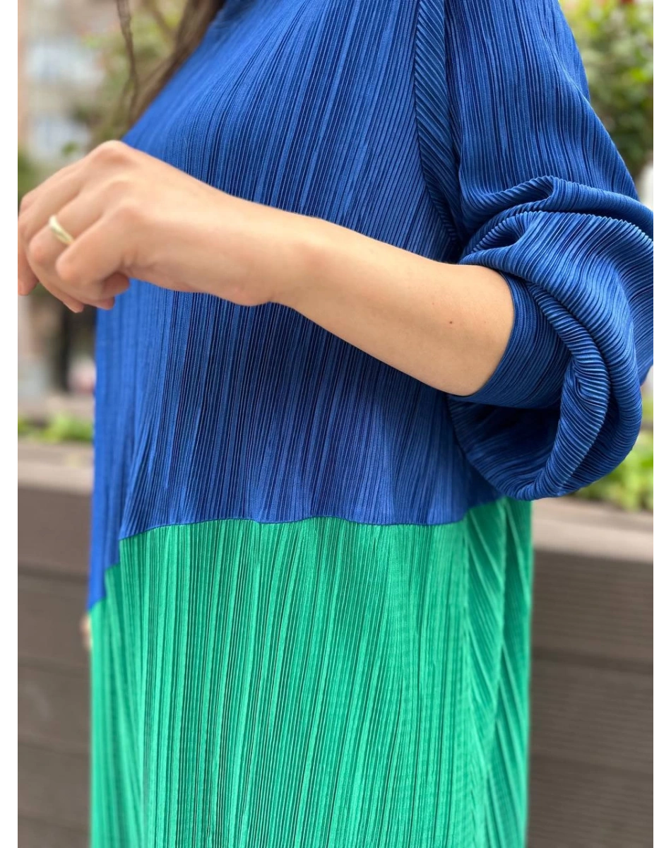 Noi 53260 Sax Kendinden Kraşlı İki Renk Elbise