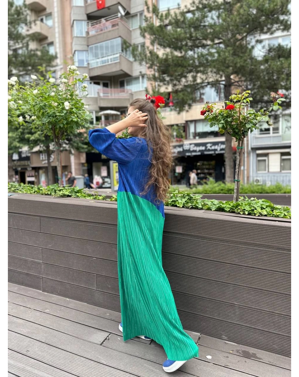 Noi 53260 Sax Kendinden Kraşlı İki Renk Elbise