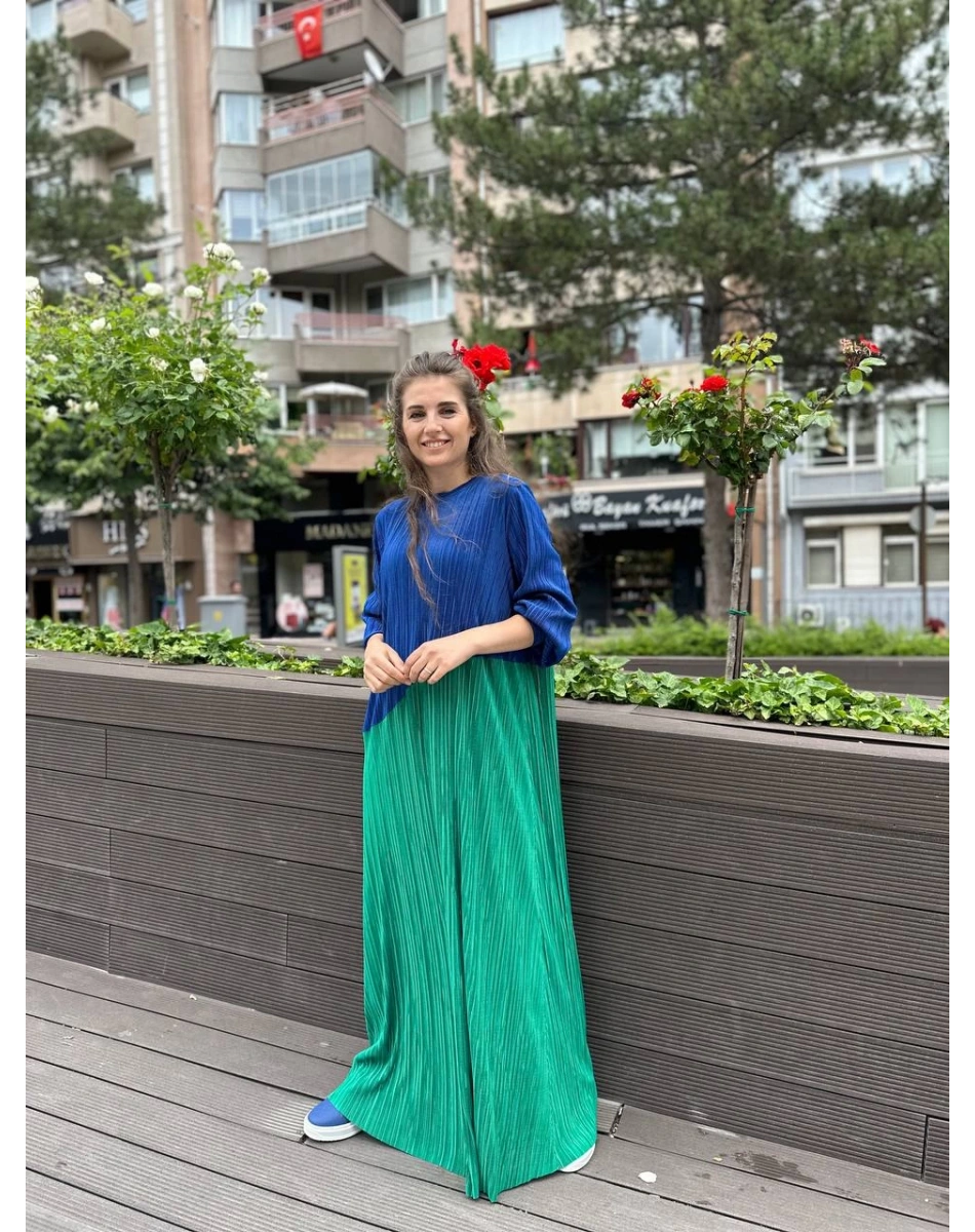 Noi 53260 Sax Kendinden Kraşlı İki Renk Elbise