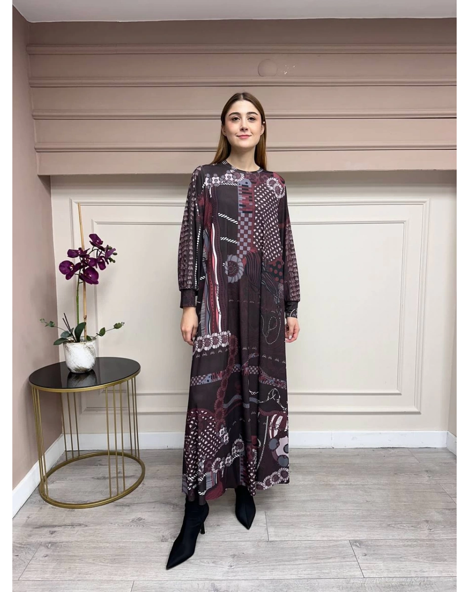 Noi 74225 Bordo Jarse Nokta Zincir Desen Elbise