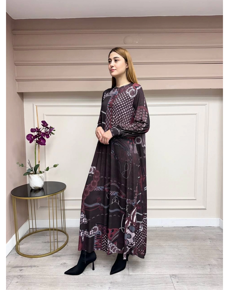 Noi 74225 Bordo Jarse Nokta Zincir Desen Elbise