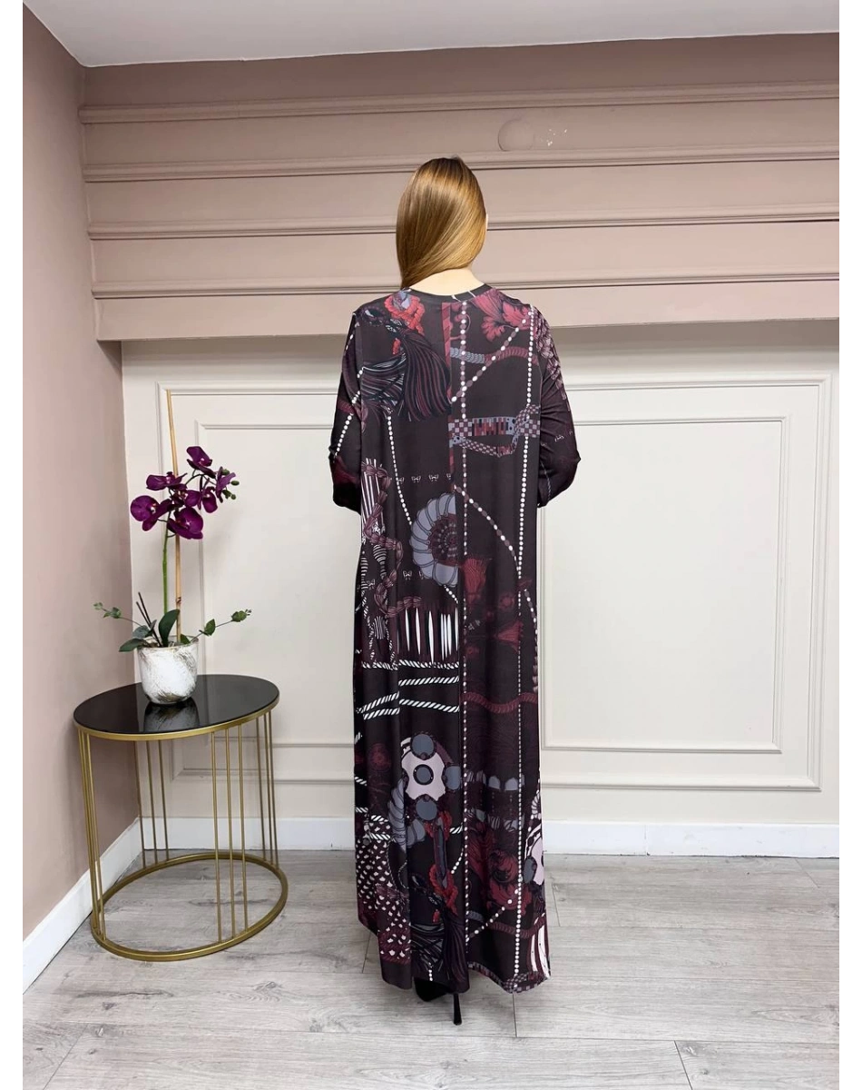 Noi 74225 Bordo Jarse Nokta Zincir Desen Elbise