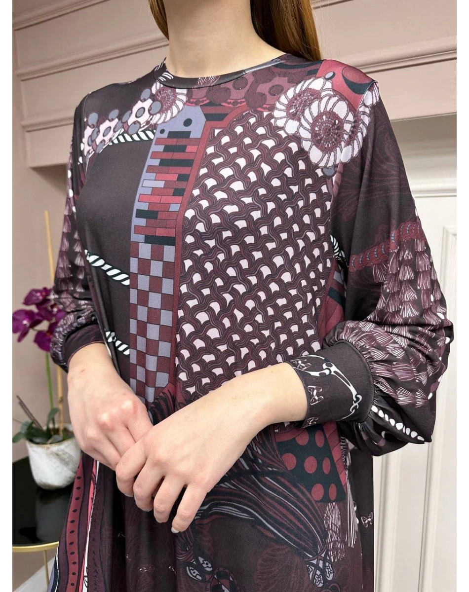 Noi 74225 Bordo Jarse Nokta Zincir Desen Elbise