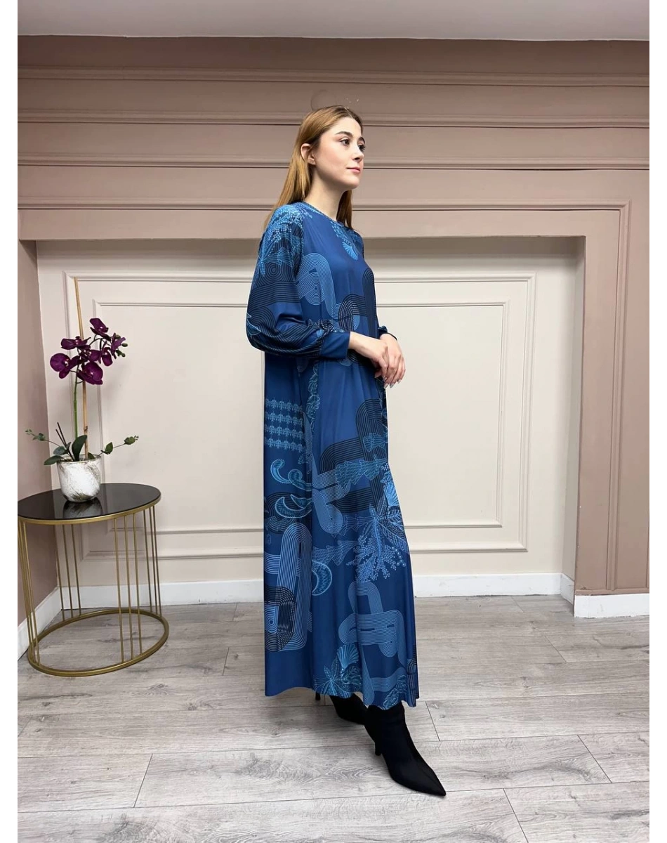 Noi 74226 Mavi Jarse Çiçek Desenli Elbise