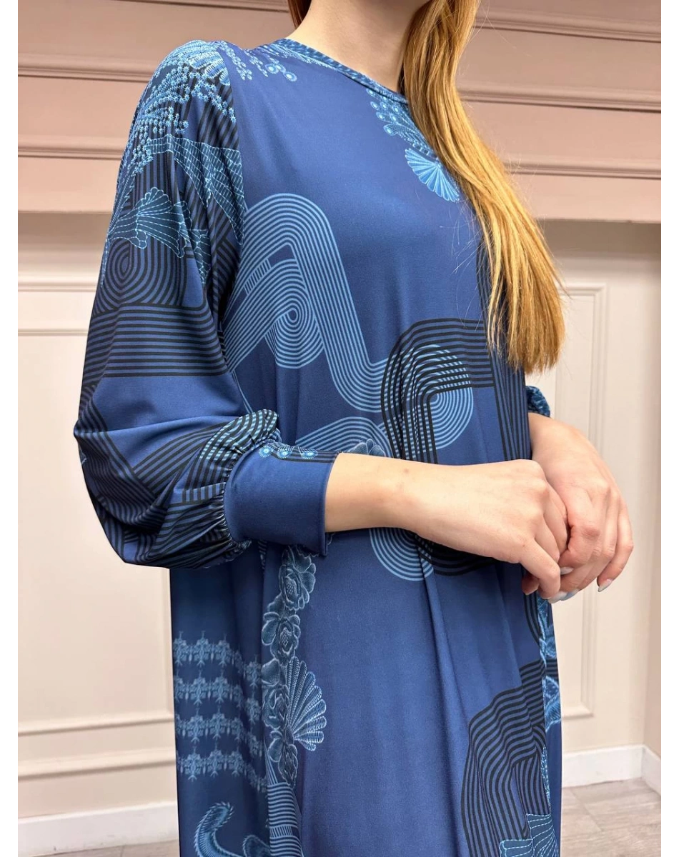 Noi 74226 Mavi Jarse Çiçek Desenli Elbise