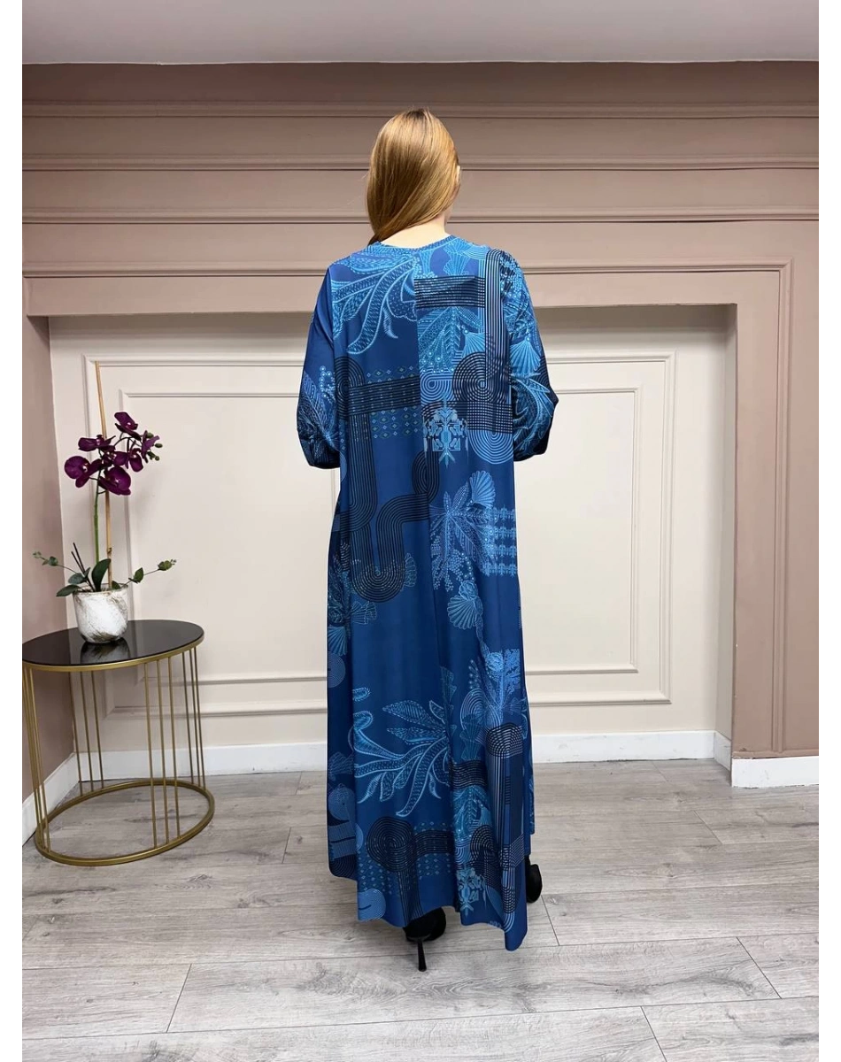 Noi 74226 Mavi Jarse Çiçek Desenli Elbise