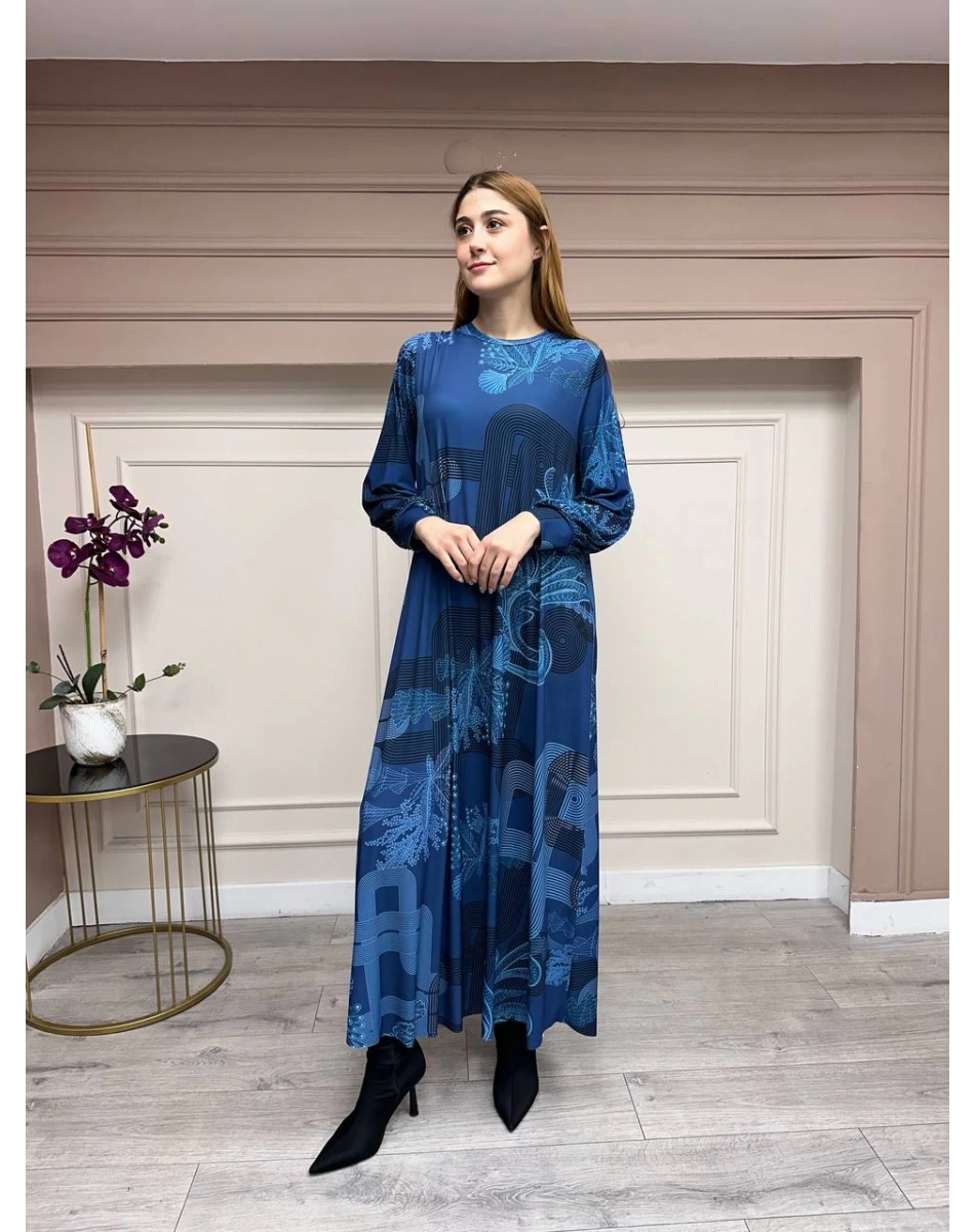 Noi 74226 Mavi Jarse Çiçek Desenli Elbise