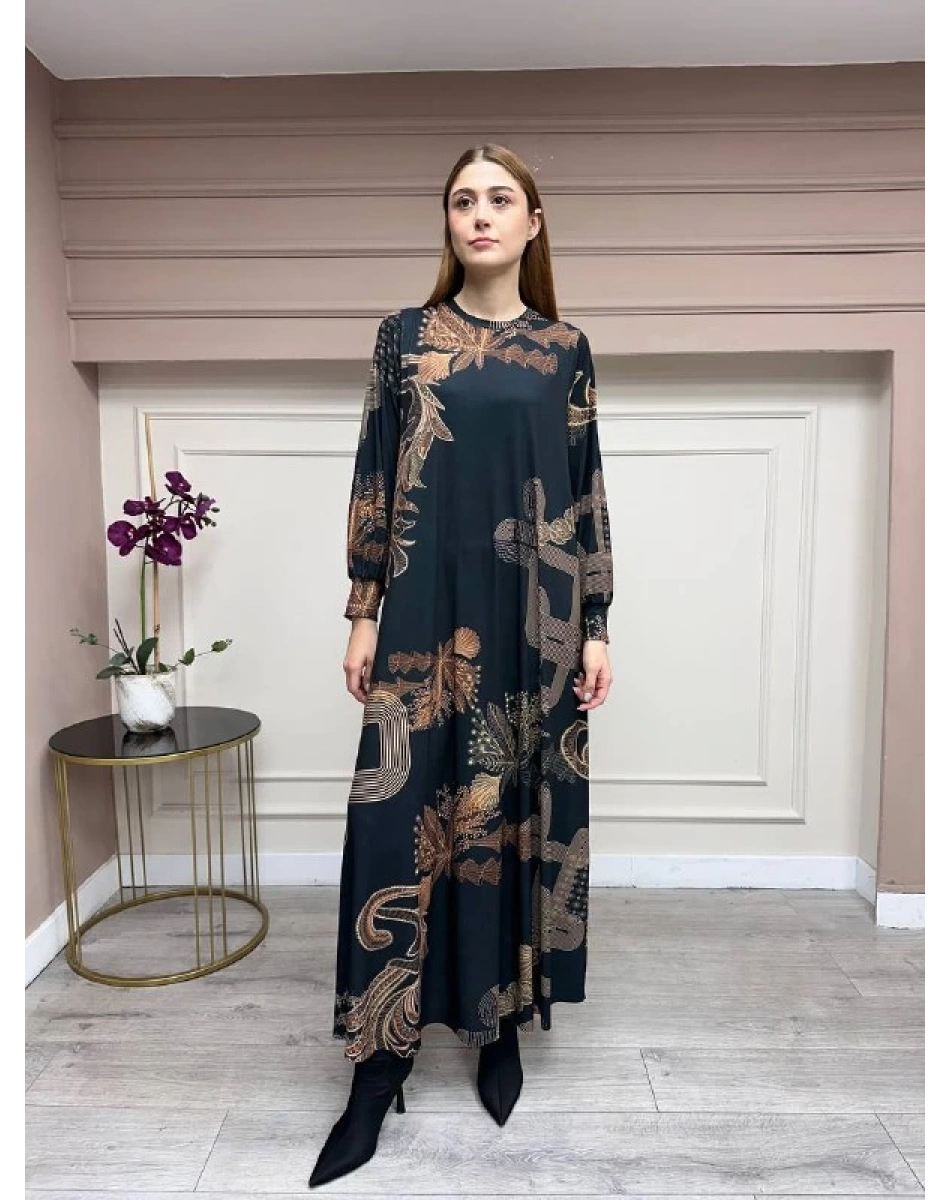 Noi 74226 Siyah Jarse Çiçek Desenli Elbise