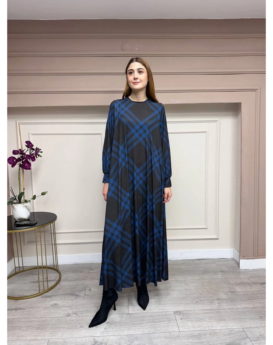 Noi 74232 Kahverengi Jarse Verev Ekose Desenli Elbise