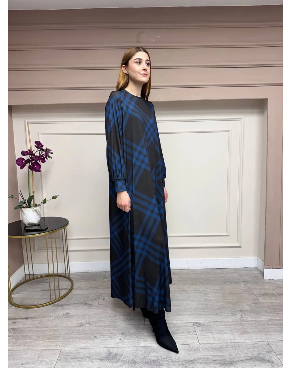 Noi 74232 Kahverengi Jarse Verev Ekose Desenli Elbise