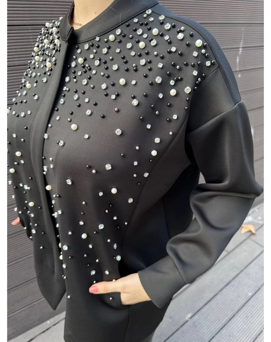 Noi 74330 Siyah Scuba Ön Bedeni Taşlı Fermuarlı Mont