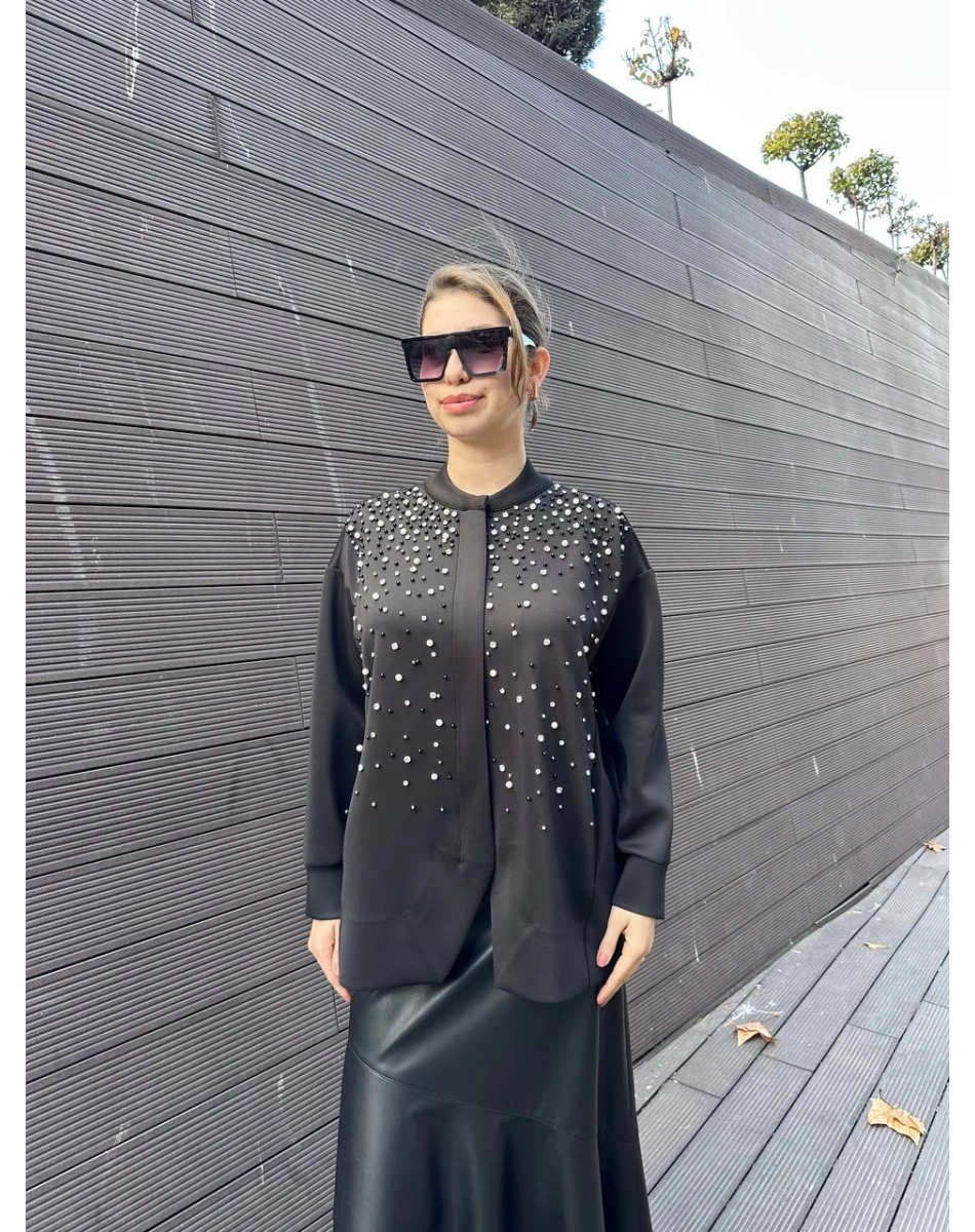 Noi 74330 Siyah Scuba Ön Bedeni Taşlı Fermuarlı Mont