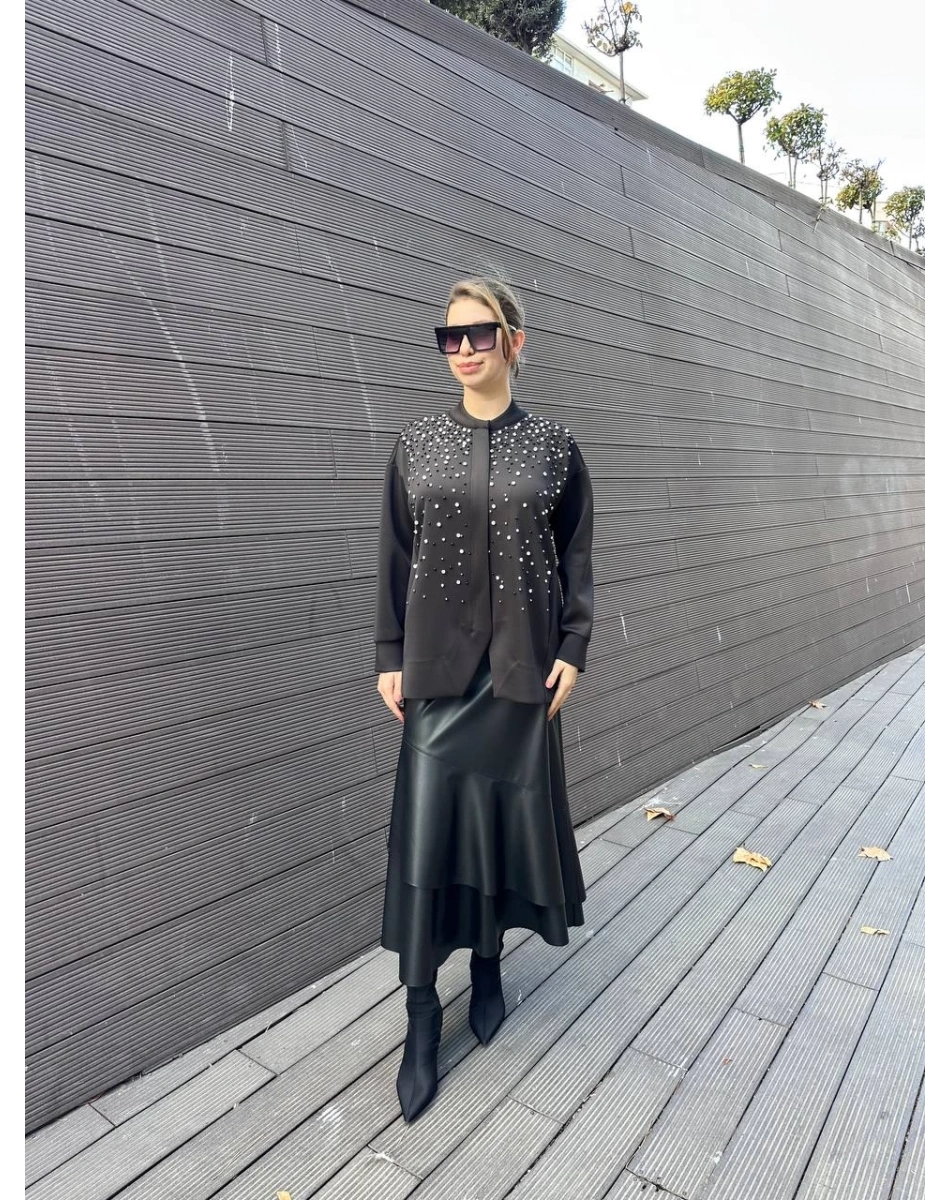 Noi 74330 Siyah Scuba Ön Bedeni Taşlı Fermuarlı Mont