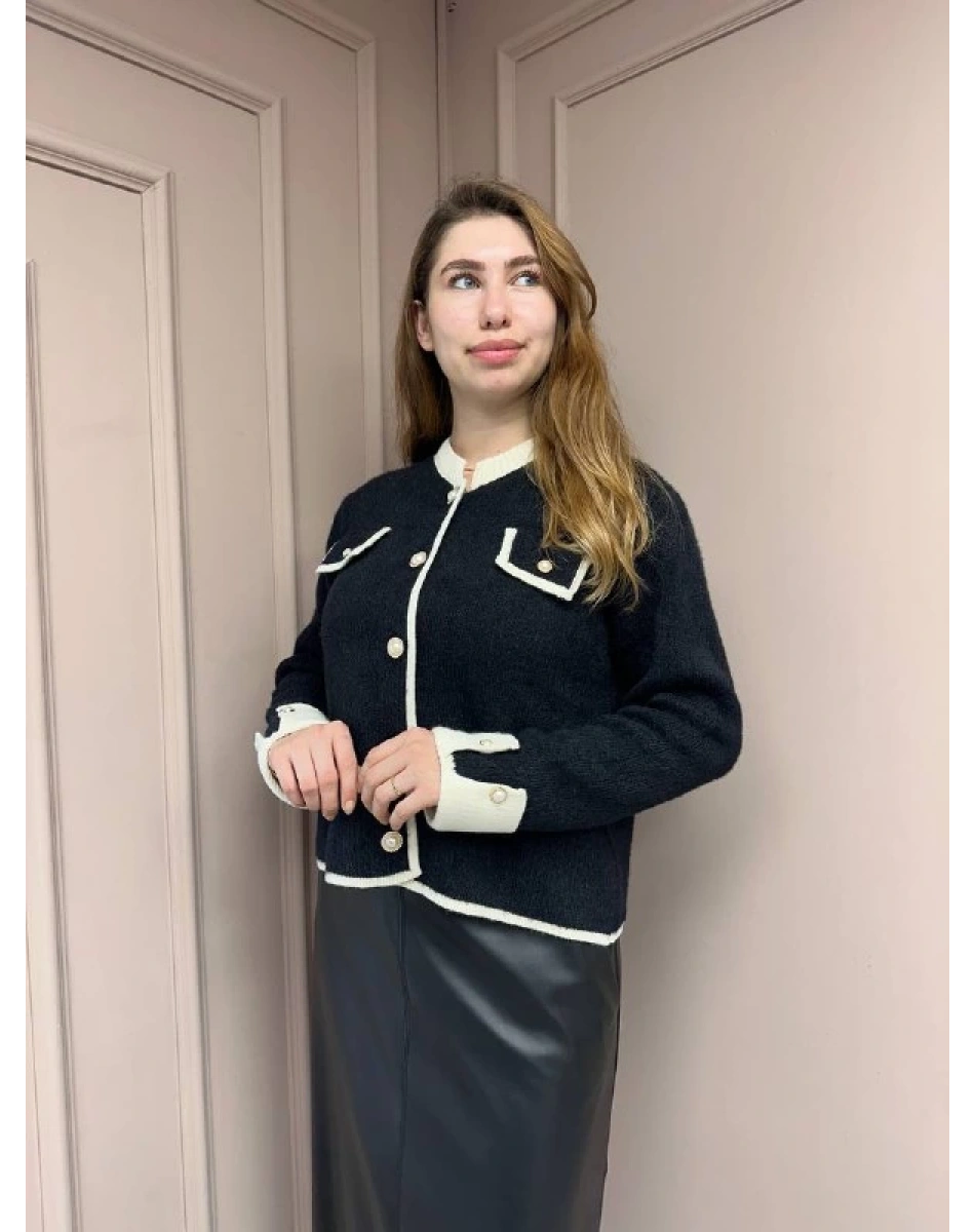 Noi 74723 Siyah Triko Kontrast Parçalı Cepli Kısa Hırka