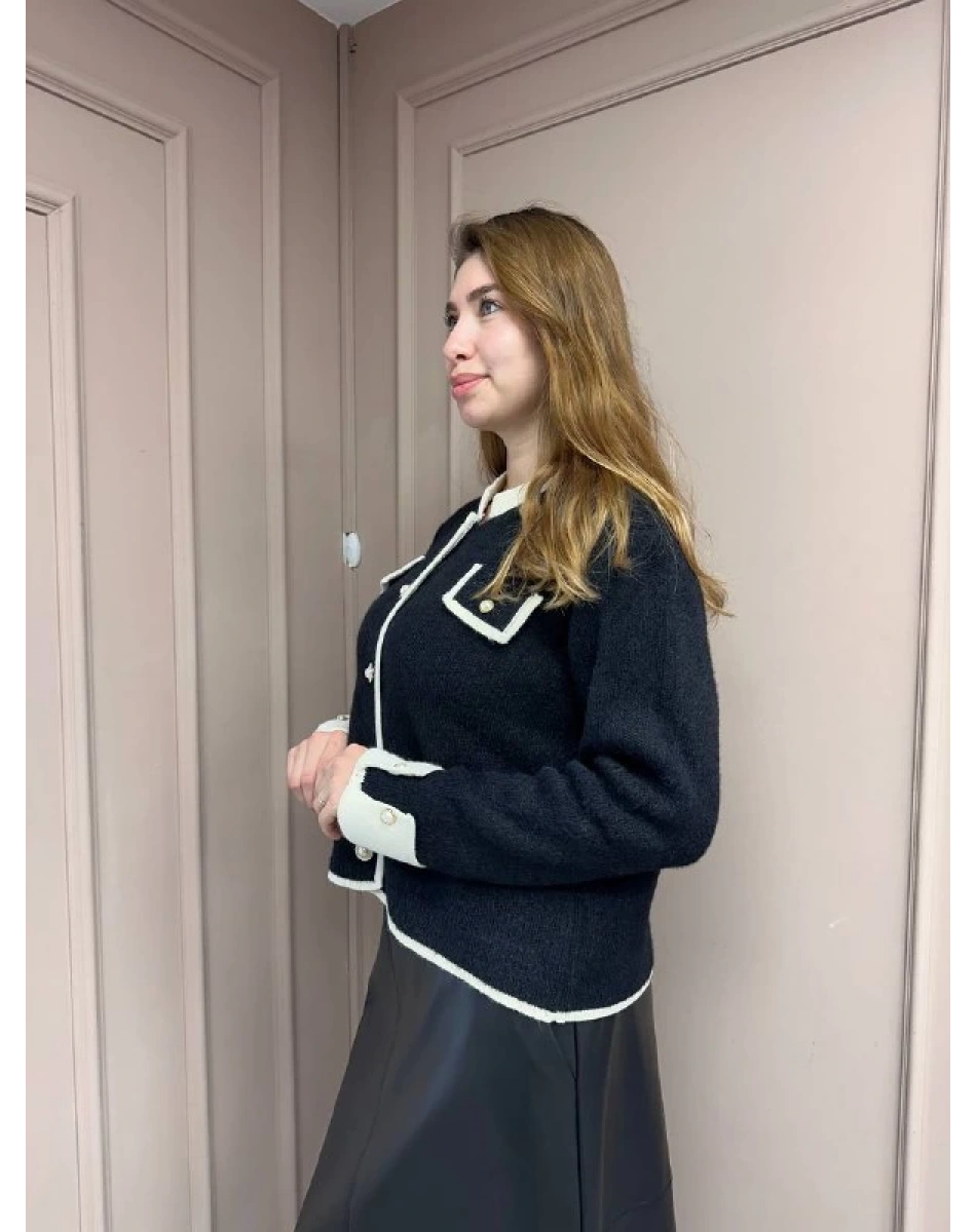 Noi 74723 Siyah Triko Kontrast Parçalı Cepli Kısa Hırka