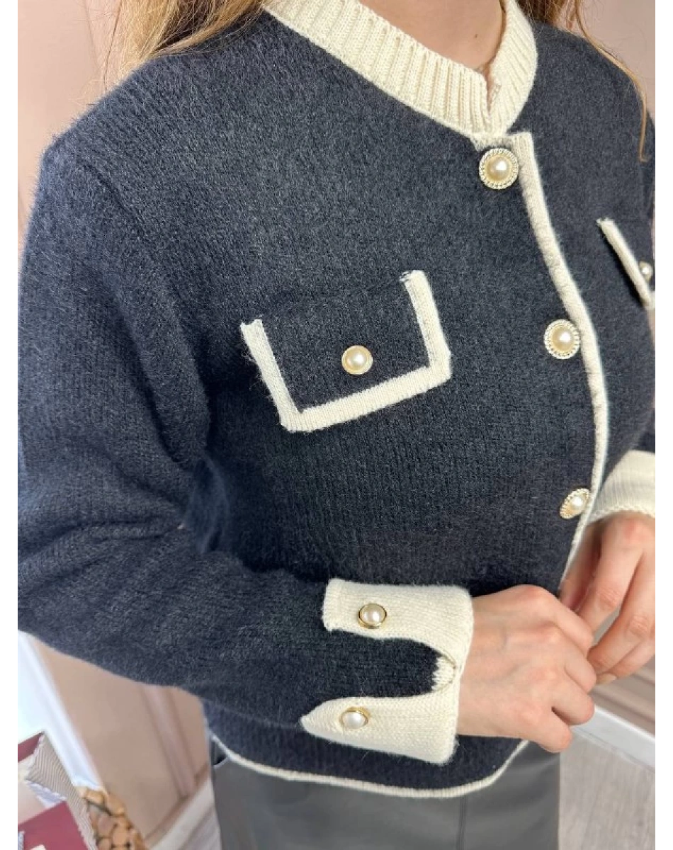 Noi 74723 Siyah Triko Kontrast Parçalı Cepli Kısa Hırka