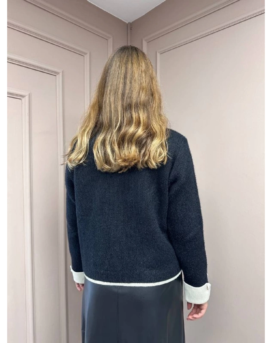 Noi 74723 Siyah Triko Kontrast Parçalı Cepli Kısa Hırka